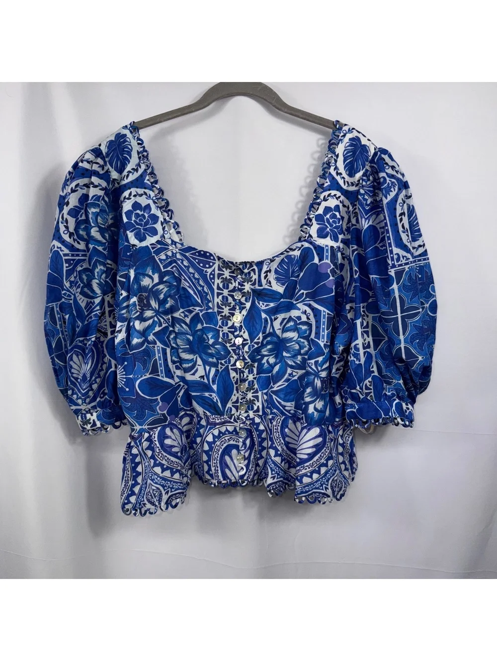 FARM Rio Blue Motif Puff Sleeve Peplum Top XL NWT